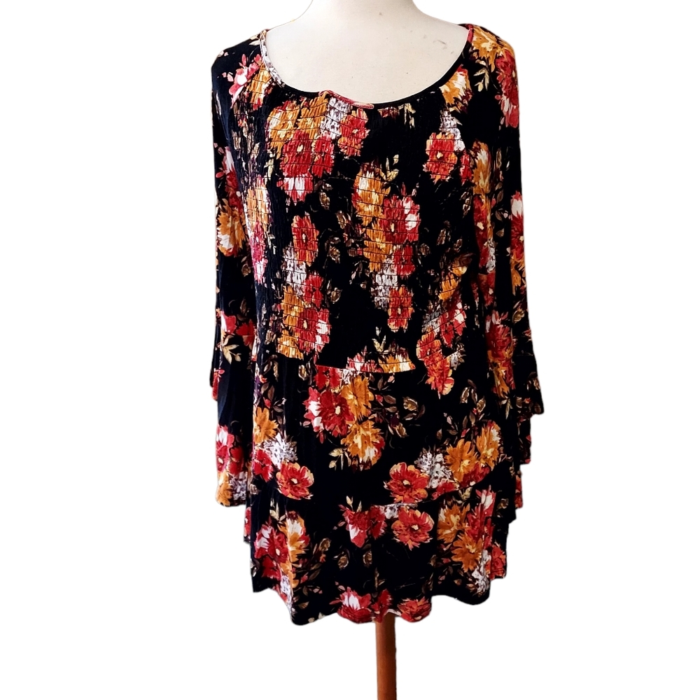 C Est 1946 2xl Top Bliuse Long Sleeve Bell Sleeve Flroal Orange Red Blac…